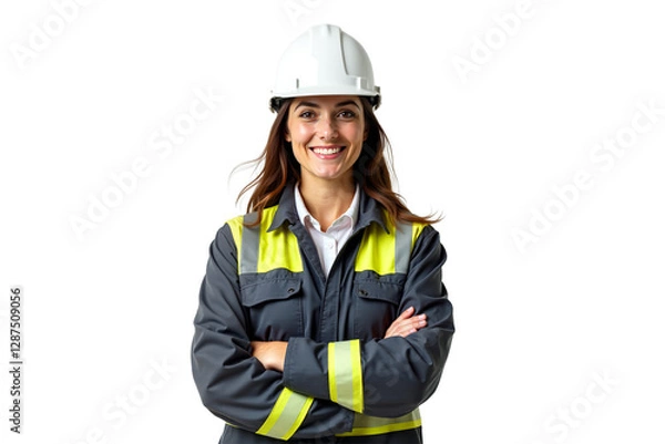 Fototapeta Confident female engineer with transparent hard hat and reflective jacket, arms crossed. Professional, trustworthy. Isolated on transparent background. Ideal for engineering and construction themes.