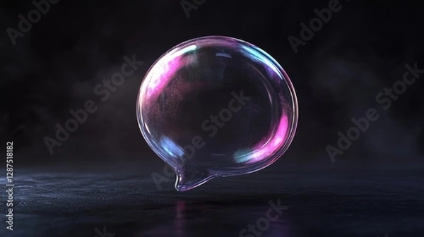 Fototapeta Transparent speech bubble with colorful reflections on dark background. Abstract communication and conversation concept