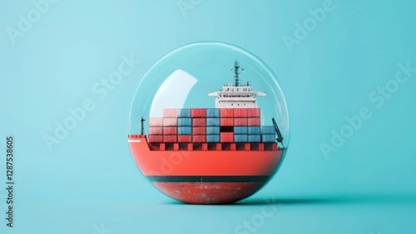 Fototapeta Shipping container vessel in glass sphere display modern art installation creative concept calm environment
