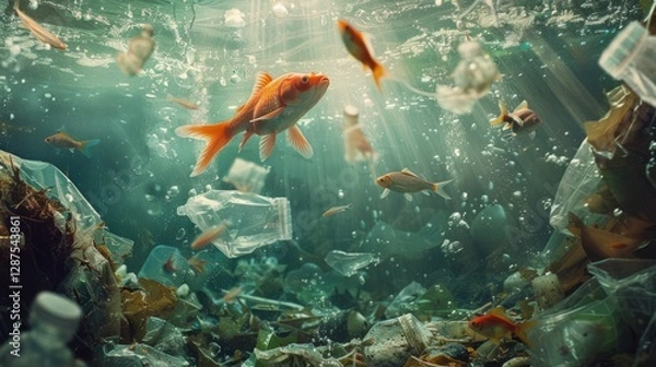 Fototapeta Garbage at the bottom of the sea under water