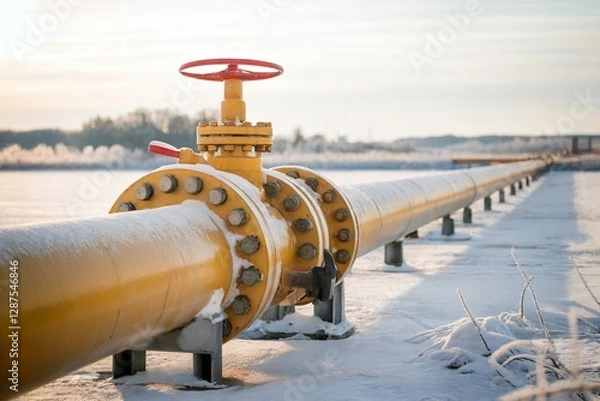Fototapeta long yellow pipeline with valve stretching away to the horizon through a snow field 