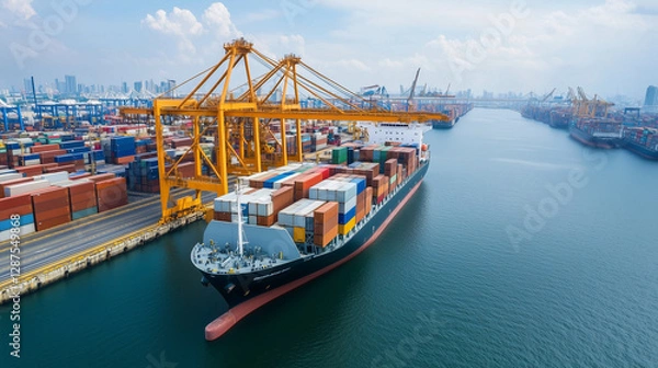 Fototapeta Global Trade Hub: A high-angle shot showcases a colossal container ship docked at a bustling port, laden with colorful shipping containers, under a clear blue sky.