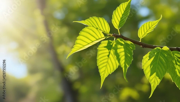 Fototapeta Fresh green leaves on tree branch illuminated by sunlight, creating serene and natural atmosphere in blurred nature background