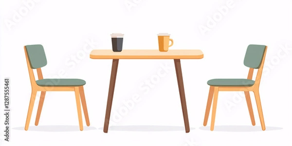 Fototapeta A simple illustration of a small wooden table with two chairs and drinks.