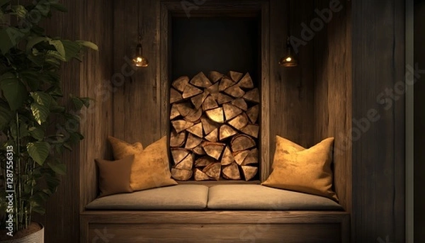 Fototapeta Peaceful Rustic Corner Nook with Firewood Stack and Soft Golden Earth Tones