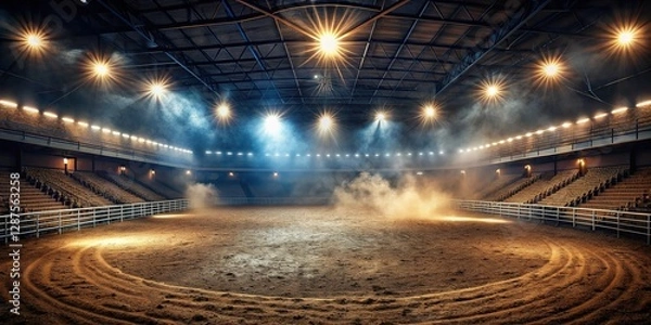 Obraz Empty Rodeo Arena at Night: Smoke, Lights, and Dust