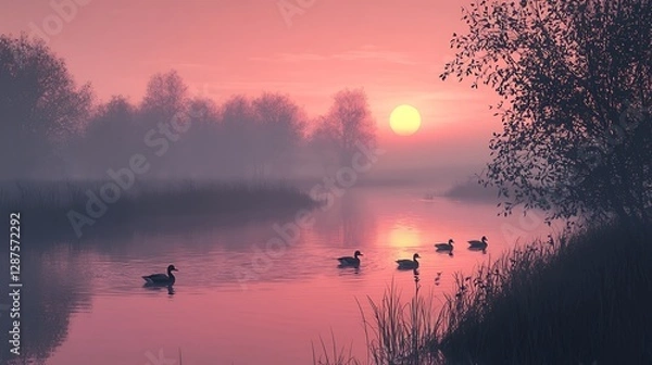 Fototapeta A winding river reflecting the soft pink hues a setting sun, with ducks swimming in the water