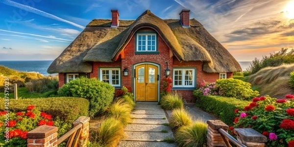 Obraz Sylt Island Entrance, Thatched Roof House, Coastal Scene, Germany