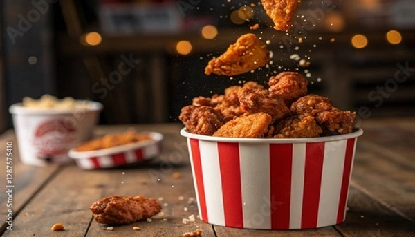 Obraz Delicious Chicken Variety Meal in Bucket with Boneless Wings ai generated