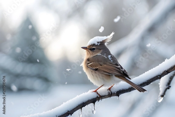 Fototapeta A tiny bird, its feathers fluffed up against the cold, perches delicately on a snow-covered branch