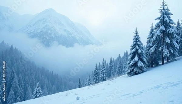 Fototapeta Dense fog wraps around snow-covered mountain slopes, cold weather, frozen trees