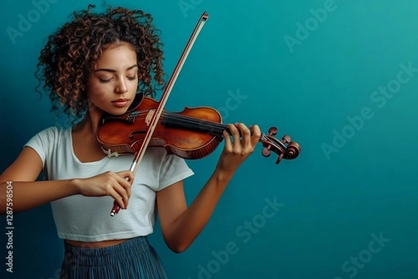 Fototapeta A serene violinist plays gracefully, perfect for music events, art promotions, or cultural festivals. Ideal for tranquil backgrounds and artistic showcases.