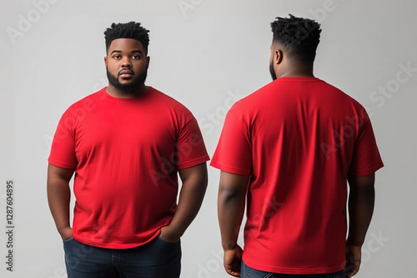 Fototapeta A plus-size male model wearing a red t-shirt, shown from both front and back perspectives, used as a design template mockup