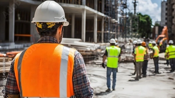 Fototapeta 70. A construction project site with workers wearing helmets and high-visibility vests, ensuring safety.