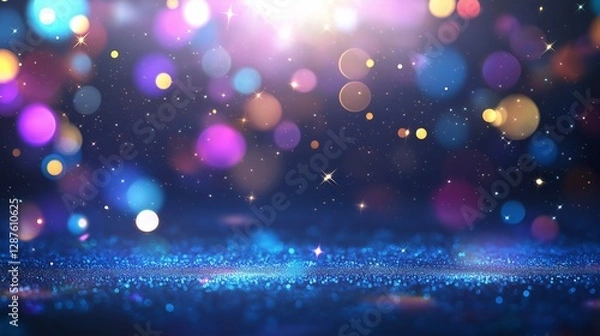 Fototapeta Colorful glow sparks of light texture. Orange red rays on dark blue abstract layer black background .Crystal flare abstract effect. Holographic sunlight reflection wallpaper, colorful glare bokeh.