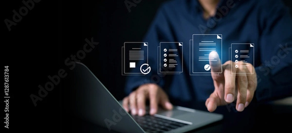 Fototapeta Businessman use document icon on virtual screen checklist and documentation management, business growth goals, develop success, planning and strategy create growth opportunities.