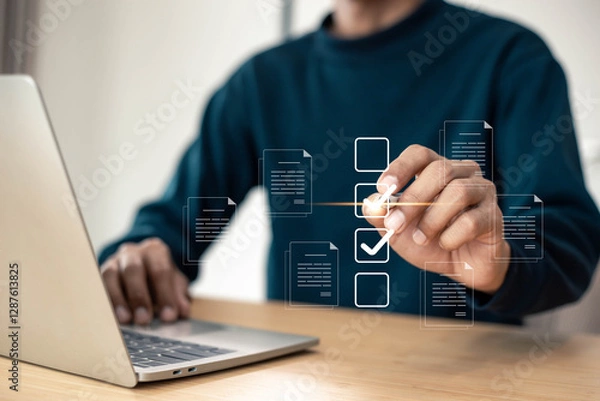 Fototapeta Digital and smart checklist document concept . businessman using  Online survey filling out, digital form checklist .