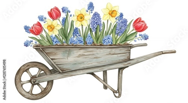 Fototapeta Wheelbarrow overflowing with beautiful spring flowers in full bloom
