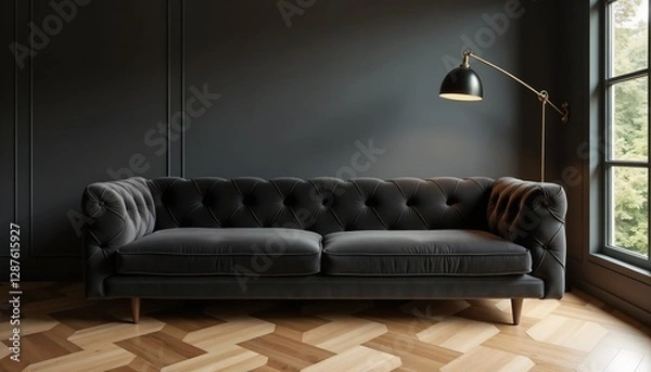 Fototapeta Dark Grey Sofa with Sophisticated Mood and Minimalist Style Against Dark Walls