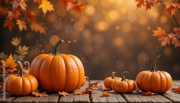Fototapeta "Cozy Autumn Still Life – Pumpkins, Falling Leaves, and a Warm Harvest Glow"

