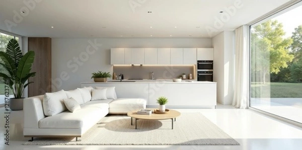 Fototapeta Bright white living area flows into modern kitchen, airy, kitchen cabinetry