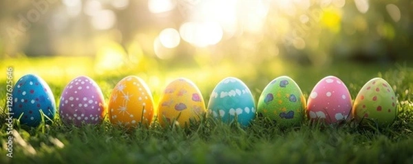 Fototapeta Colorful Easter eggs lined up on the grass with sunlight in the background. Spring holiday concept. copy space. Happy Easter Festival Concept, April 2025.