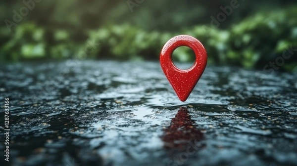 Obraz Bold red location pin floating over reflective surface in nature capturing serenity and direction