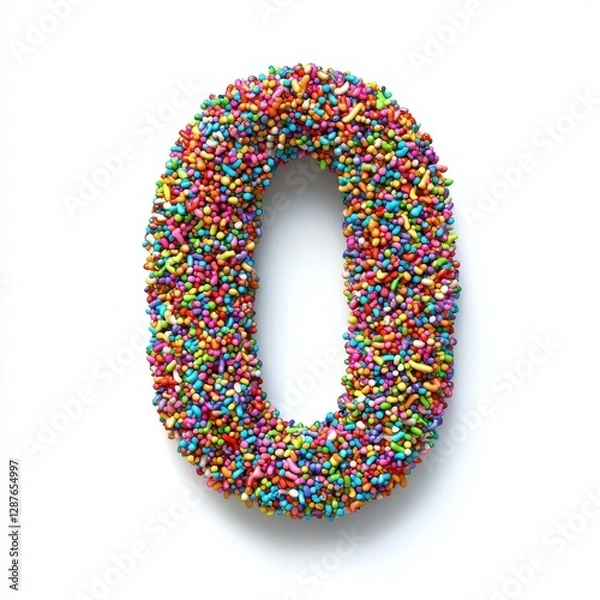 Fototapeta Number 0 made of colorful candy sprinkles tightly packed in a vibrant rainbow pattern isolated on a clean white background