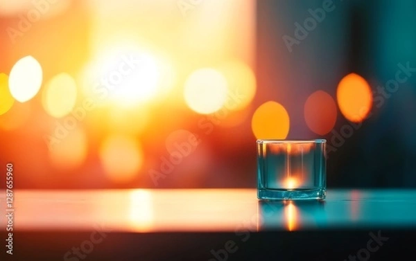 Fototapeta A glass candle holder sits on a table, illuminated by a warm sunset, creating a serene atmosphere