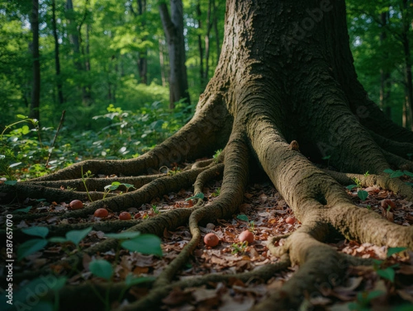 Fototapeta Majestic tree roots spreading in a lush green forest during daylight