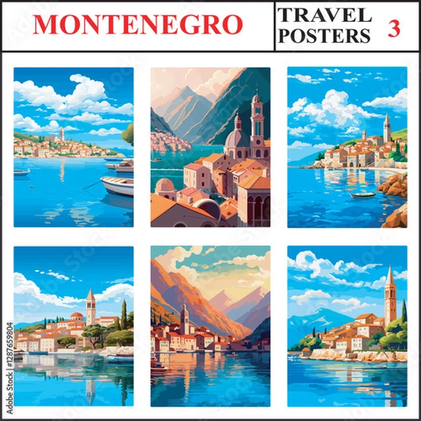 Fototapeta Montenegro Budva Kotor Budva Travel Poster Wall Art Print Collection Set Part 3