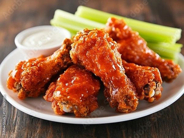 Obraz バッファローウィングとセロリスティック、ディップソースの盛り付け | Buffalo Wings with Celery Sticks and Dipping Sauce