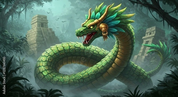 Fototapeta Quetzalcoatl the feathered serpent coils around pyramids in jungle