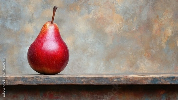 Fototapeta Red pear on rustic wooden shelf against textured background