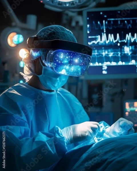 Fototapeta A doctor wearing augmented reality (AR) glasses while performing surgery, with holographic medical data floating around