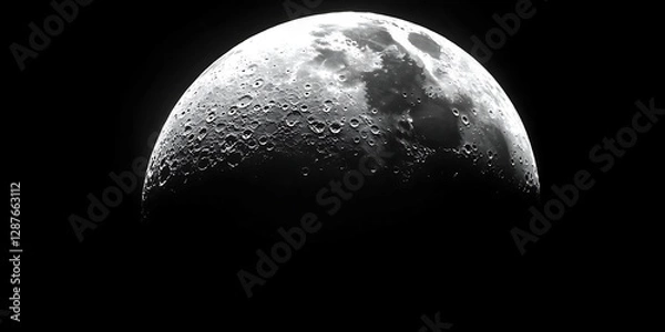 Fototapeta Detailed crescent moon craters illuminated against black night sky background showcasing lunar surface textures and craters in natural light.
