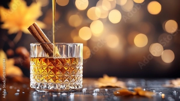 Obraz Artistic shot of a Maple Bourbon Old Fashioned in a vintage glass, maple syrup drizzling down, cinnamon stick and orange zest, autumn decor behind