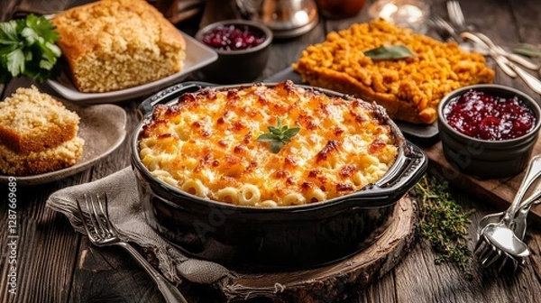 Obraz Artistic shot of a Thanksgiving table spread, macaroni and cheese in a vintage dish next to cornbread, sweet potato casserole, and cranberry sauce