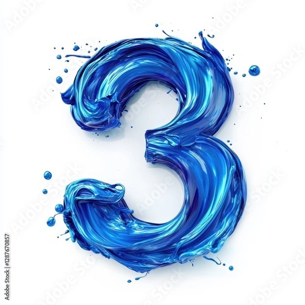 Fototapeta Number 3 made of swirling blue paint with dramatic liquid movement and high-gloss highlights isolated on a clean white background