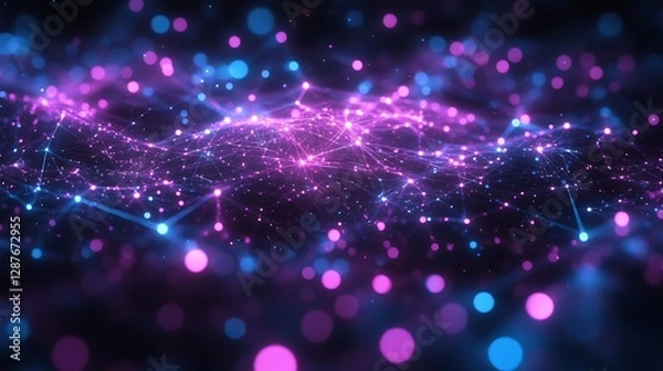 Fototapeta Focused light beams creating a dynamic abstract pattern, luminous with vibrant hues of purple and cyan, data points glowing at intersections, minimalist dark backdrop with sharp contrast,