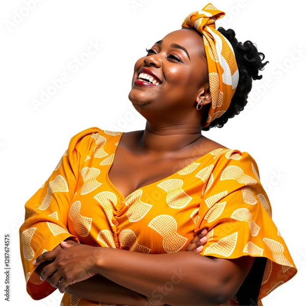 Fototapeta Joyful plus-size Black woman portrait, smiling and looking up.  Vibrant yellow traditional dress and headwrap. Isolated on transparent background for versatile design use.