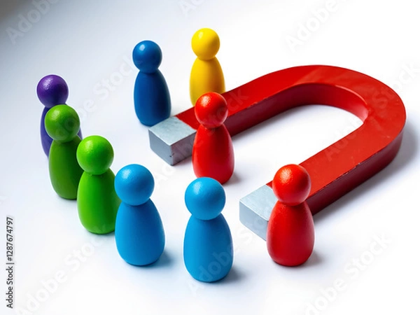 Fototapeta Colorful figurines of people surround red horseshoe magnet. Attracting clients core business strategy. Image represents customer acquisition. Retention strategies. Attracting new customers. Effective