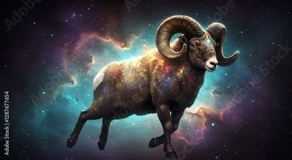 Fototapeta Majestic aries ram with cosmic starry coat in space