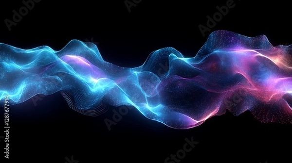Fototapeta Ripple-like waveforms expanding dynamically, neon hues of cyan and violet glowing softly, interconnected nodes representing financial data points, dark minimalistic background enhancing depth,
