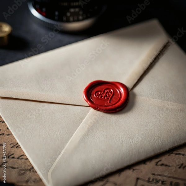 Fototapeta Romantic vintage envelope with red wax seal heart stamp symbolizing love and nostalgia for wedding invitations and letters