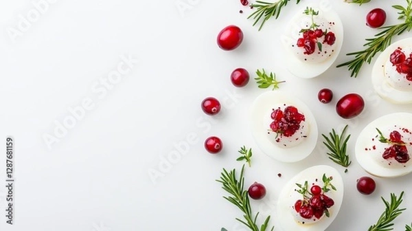 Fototapeta Assorted deviled eggs decorated with fresh herbs and cranberries, top view, festive arrangement, photorealistic, isolated on white background