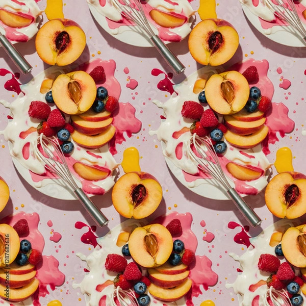 Fototapeta juicy fresh peaches, berries, whisk and cream on a plate, splashes of juice, 2x2 seamless pattern