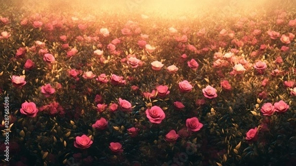 Fototapeta 98.A wide view of a lush field filled with blooming pink roses stretching into the horizon, with rows of vibrant flowers glowing under a golden morning light.