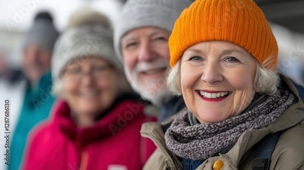Fototapeta Capture heartwarming moments with senior adults enjoying winter's embrace Smiling faces radiate warmth, joy, and companionship These photographs showcase active, healthy seniors embracing the cold