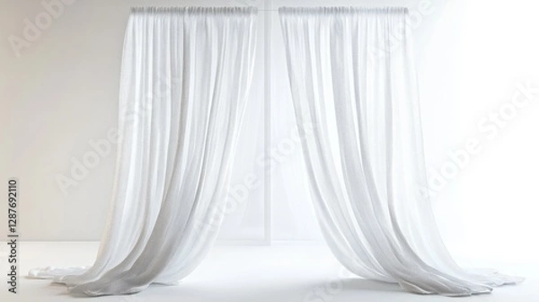Fototapeta A pair of simple white curtains with a light and airy texture, isolated on a white background 